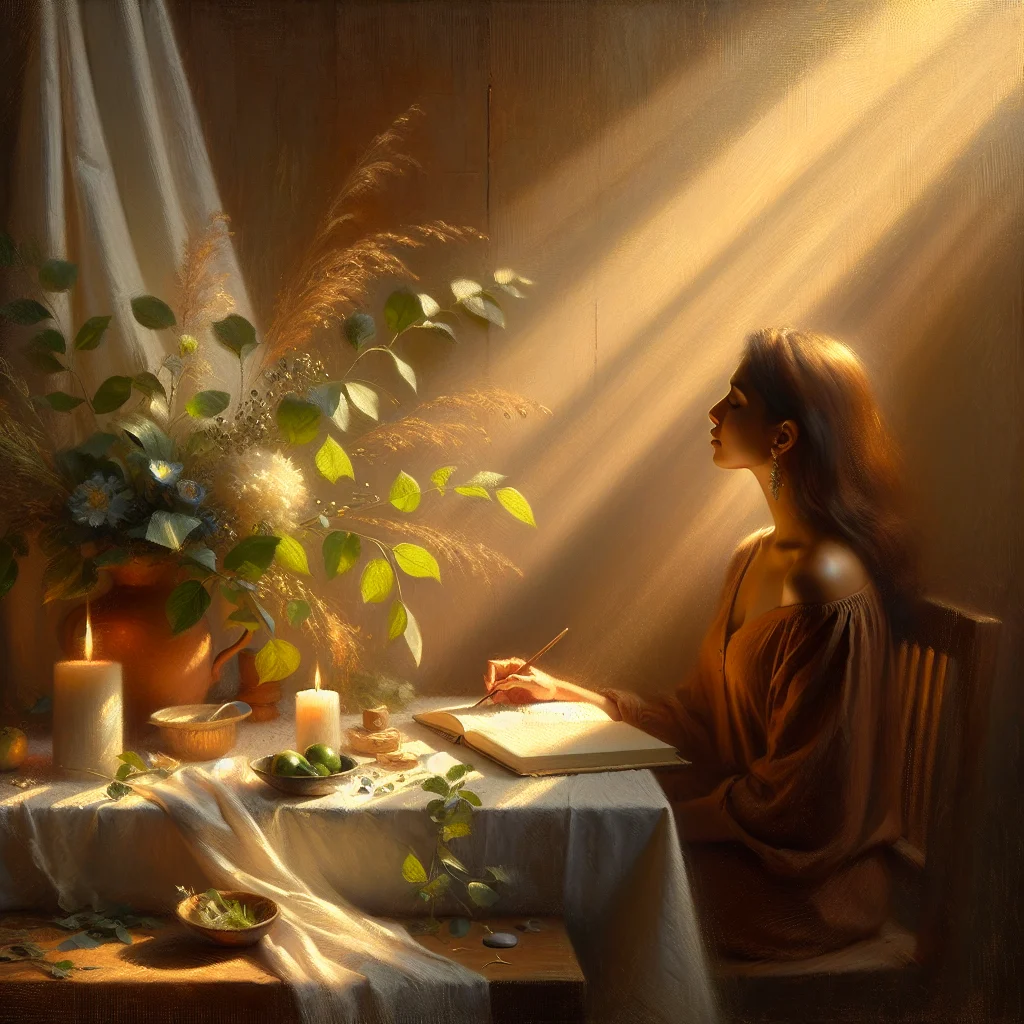 woman-writing-mindfulness-journal-menopause Woman peacefully writing in her mindfulness journal while experiencing menopause symptoms