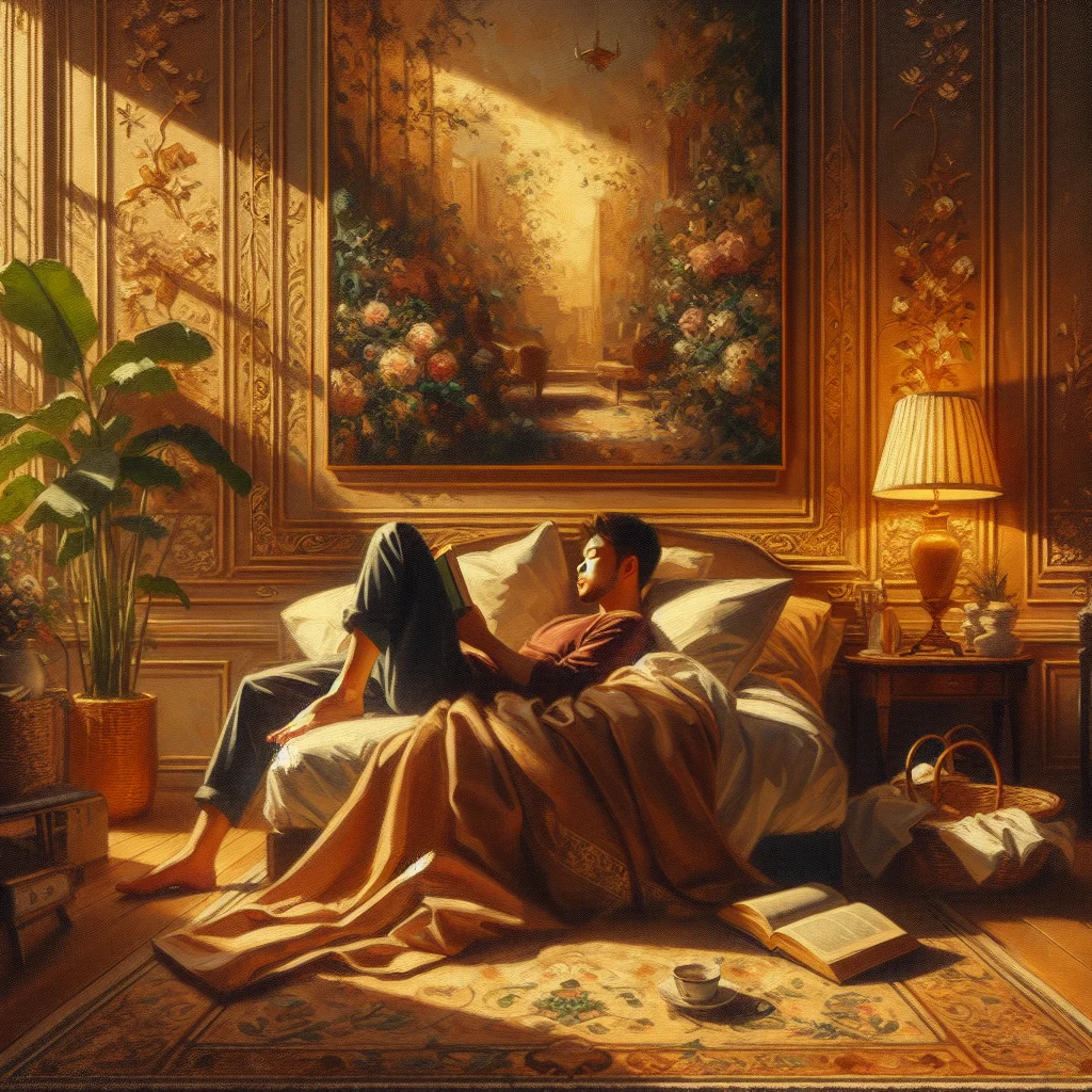 Adult reading a book in dimly lit bedroom as part of calming bedtime routine