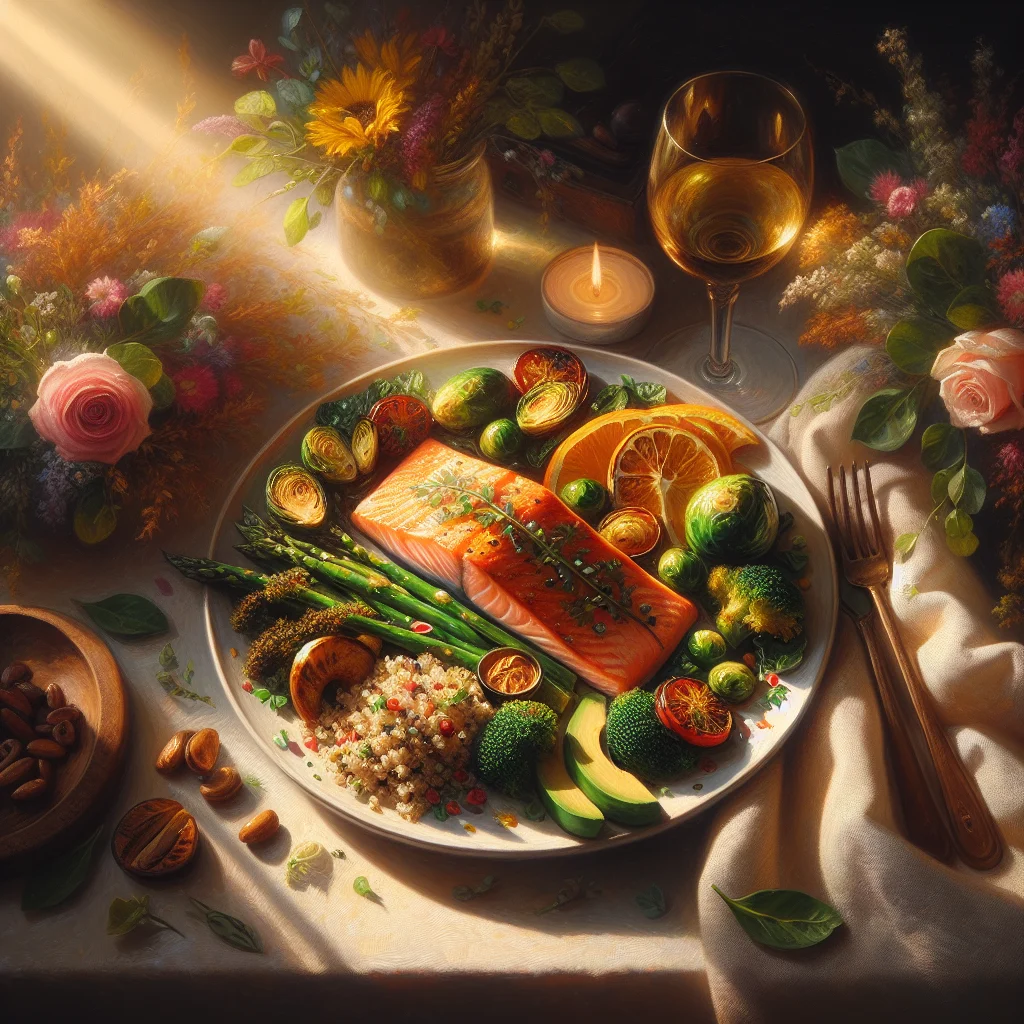 Nutritious plate featuring salmon, leafy greens, quinoa and avocado designed to support mood stability during perimenopause