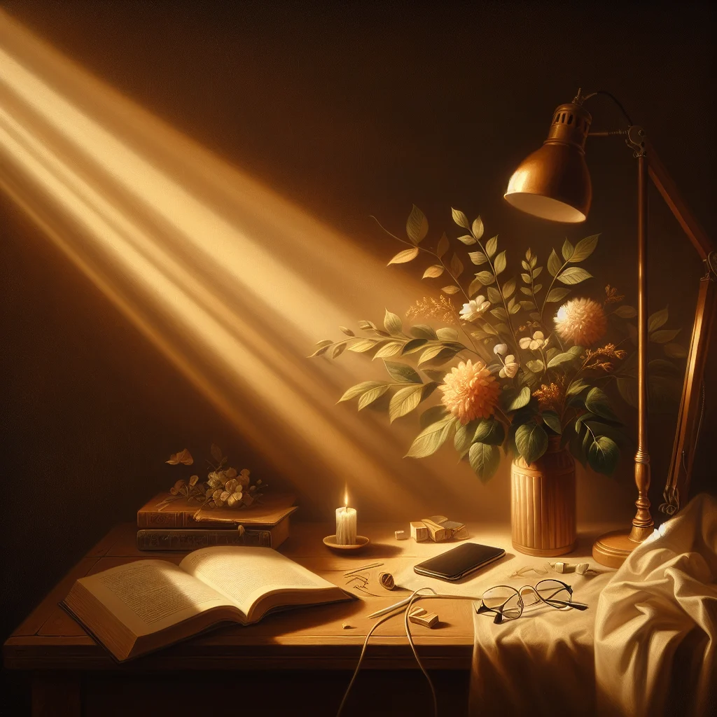 Cozy bedside table setup featuring a book, warm reading lamp, and smartphone placed far away