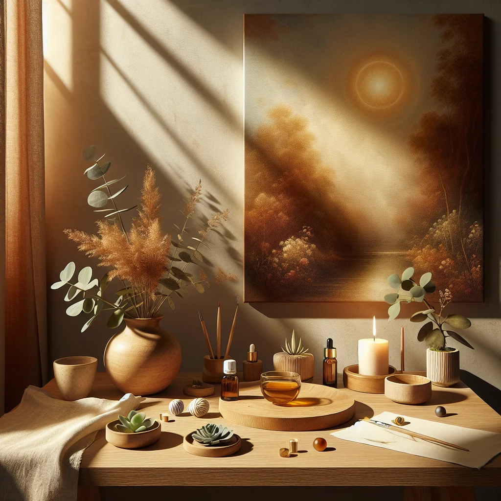 Organized workspace showing quick cortisol lowering at desk setup with calming elements and stress management tools