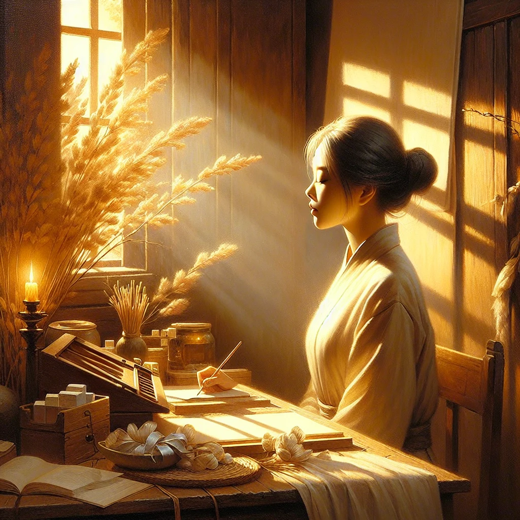 Peaceful office environment showing person taking a mindful moment at work with closed eyes in natural lighting