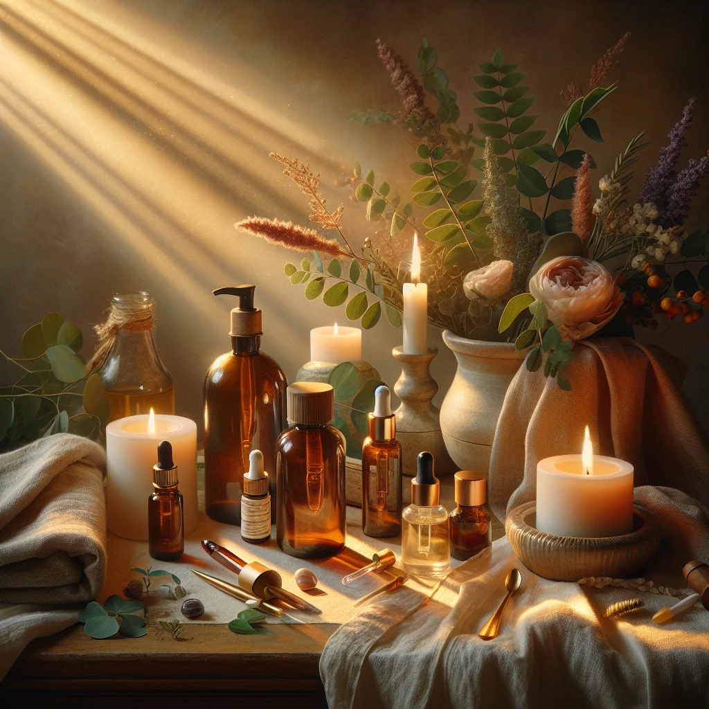 Evening skincare products including serums and moisturizers arranged on a peaceful vanity for nervous system care