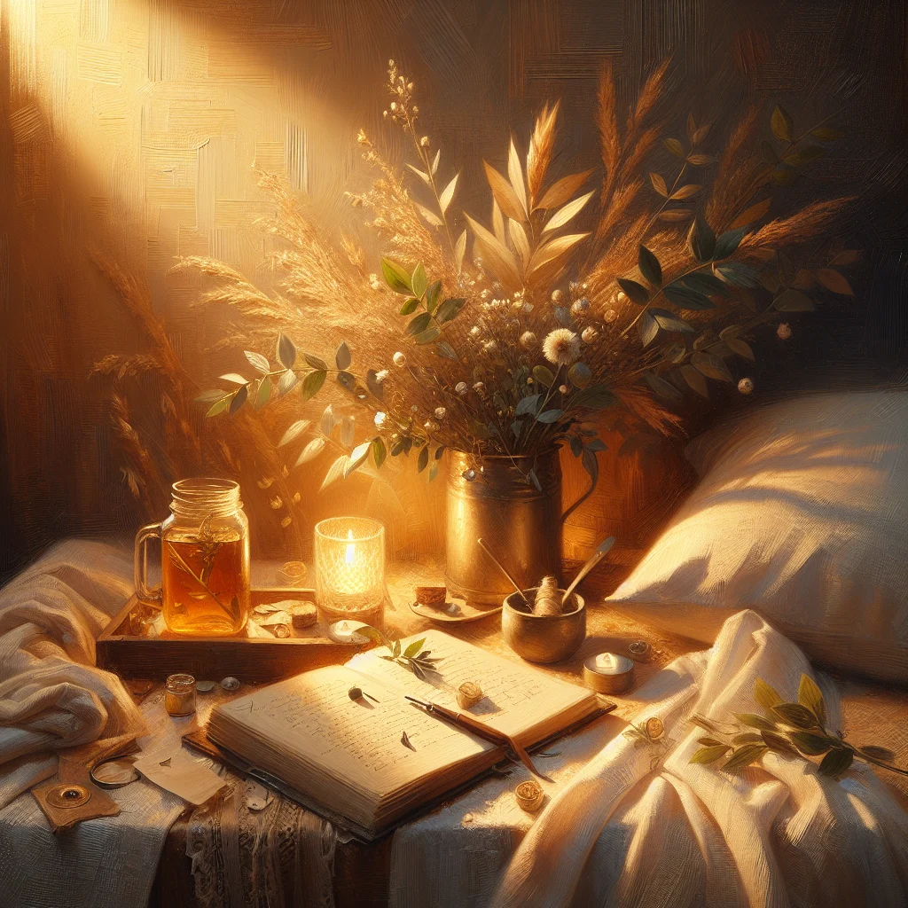 calming-herbal-tea-evening-perimenopause-ritual Calming herbal tea in a peaceful evening setting as part of perimenopause relaxation habits