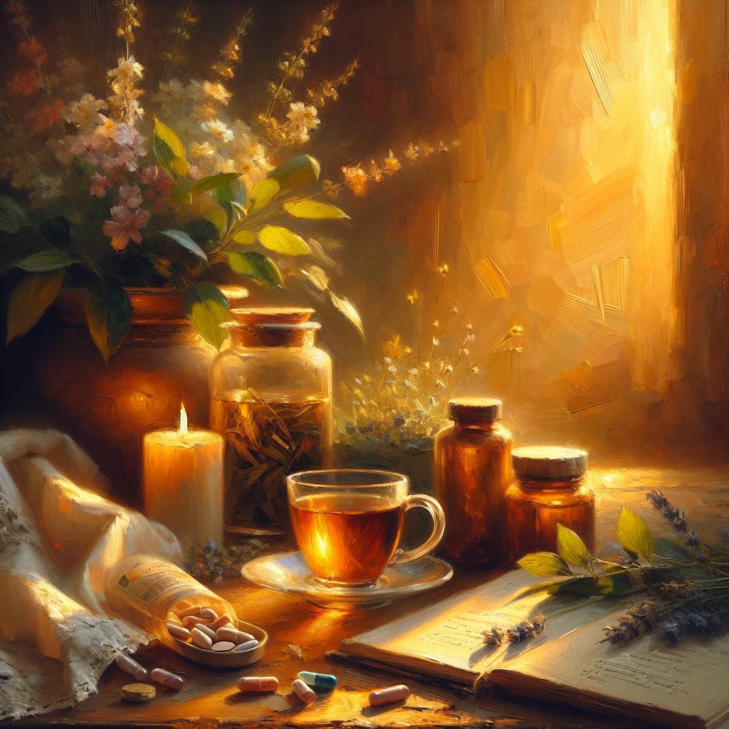 Herbal tea and natural supplements arranged on table for reducing hormonal irritability