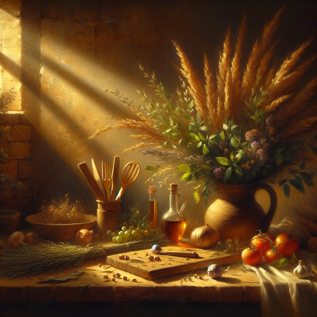 Serene kitchen counter displaying fresh herbs and ingredients arranged for stress relief while cooking