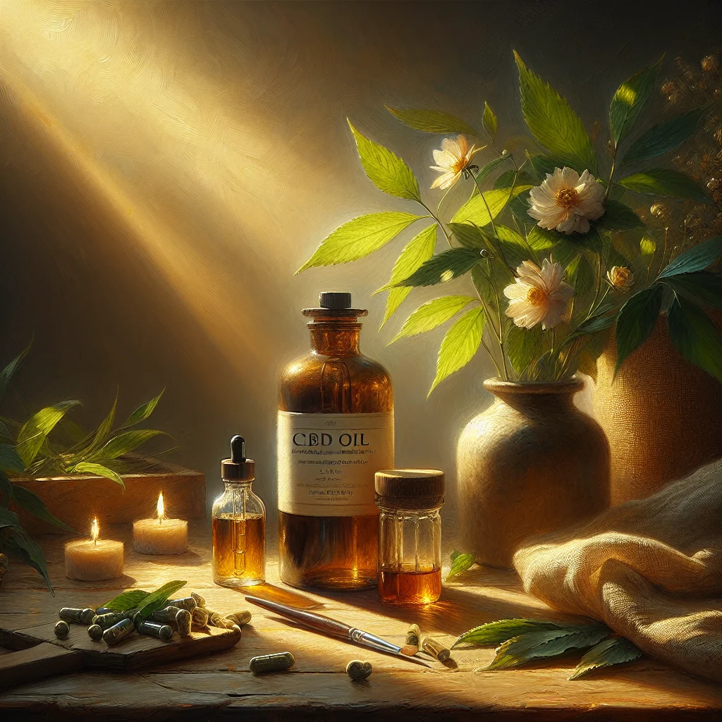 CBD oil bottle next to L-theanine supplement capsules on a natural wooden surface with calming green tea leaves