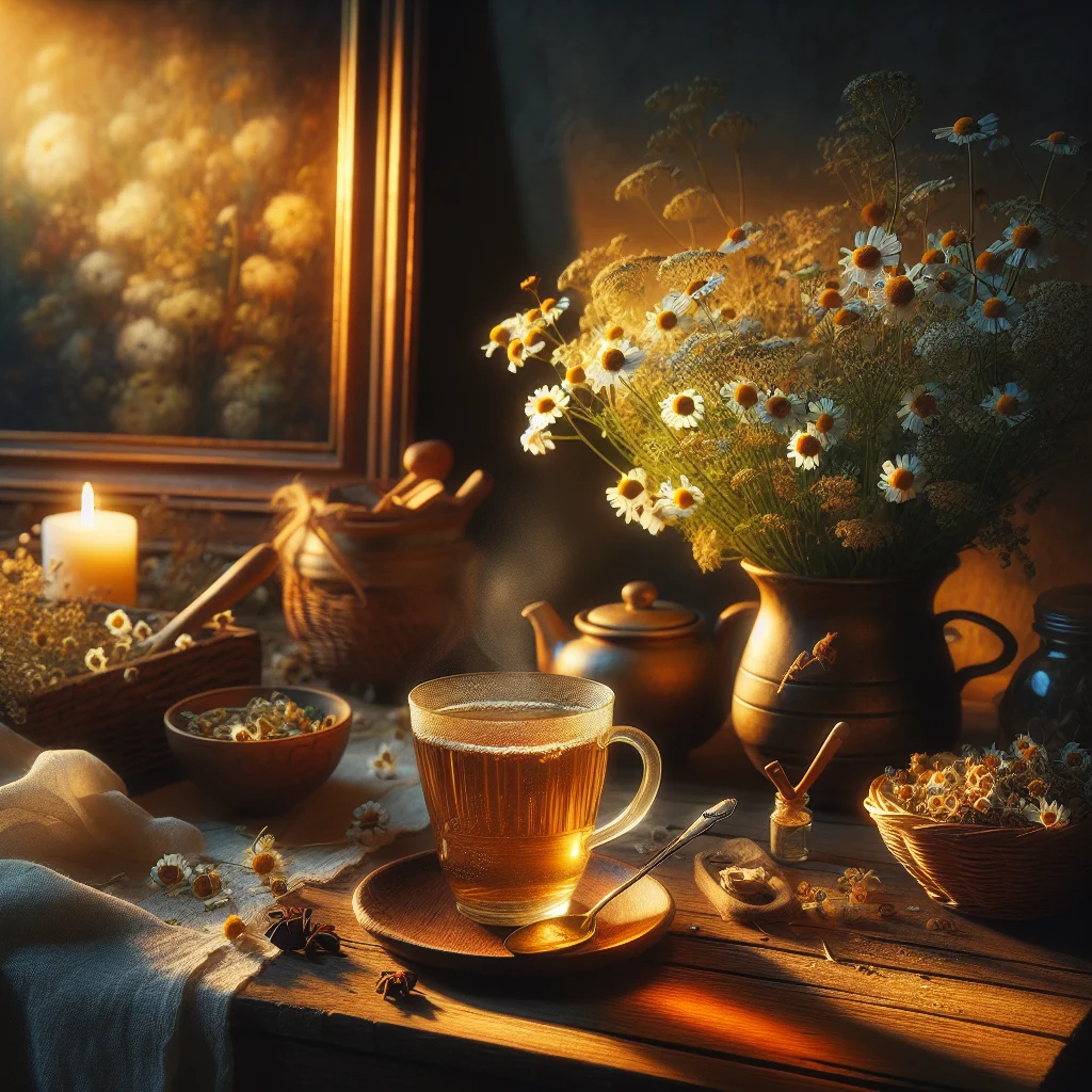 Steaming cup of chamomile herbal tea on bedside table creating peaceful bedtime atmosphere