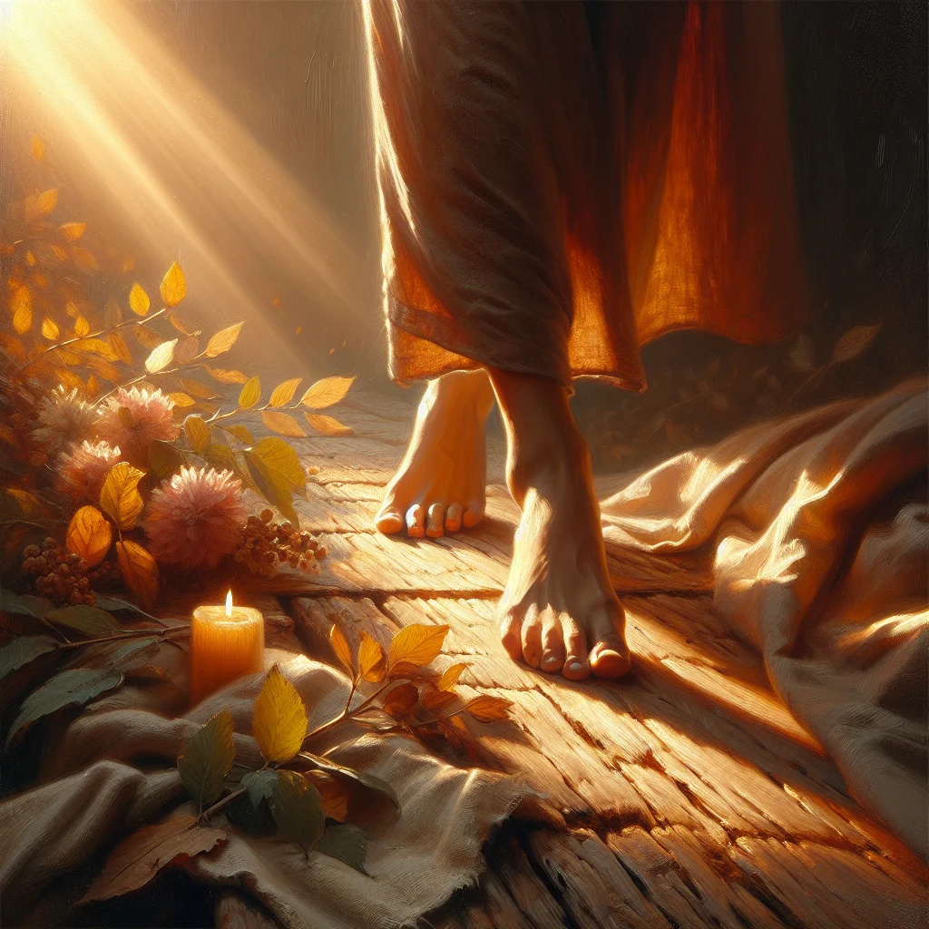 Close-up view of feet practicing mindful walking technique on a peaceful outdoor trail