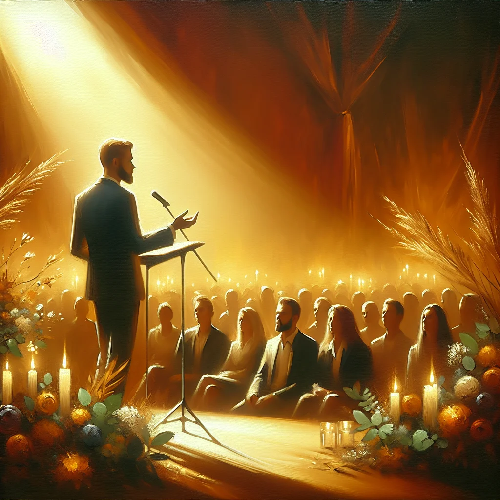 Confident professional delivering a public speech to an engaged audience with calm body language