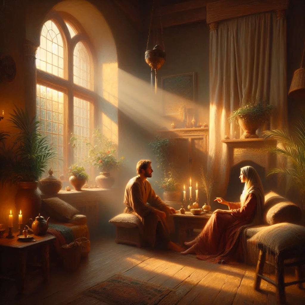 A couple sitting together having a peaceful, attentive conversation in a comfortable home setting, demonstrating habits for calmer relationships