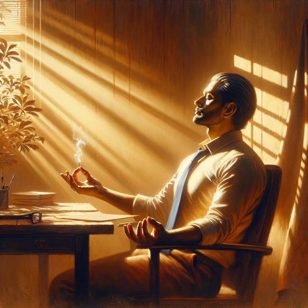 Professional practicing breathing exercises at office desk for stress relief