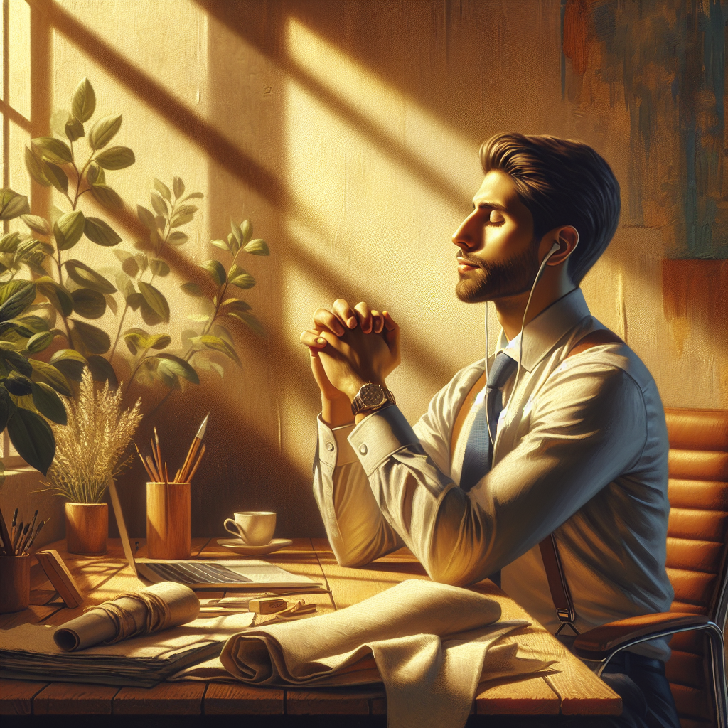 Professional taking a two-minute mental clarity break at their desk in a modern office environment