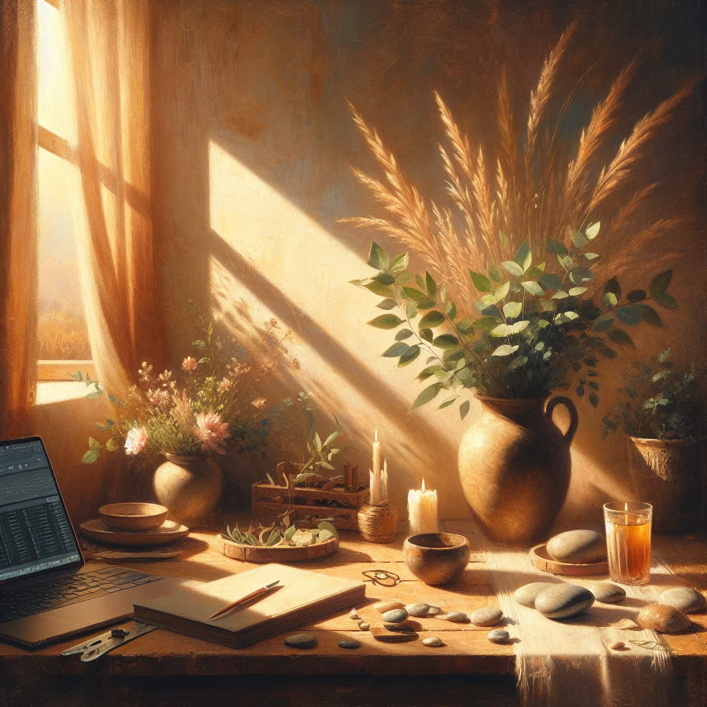 Peaceful desk workspace setup with plants and calming elements for breathing practice