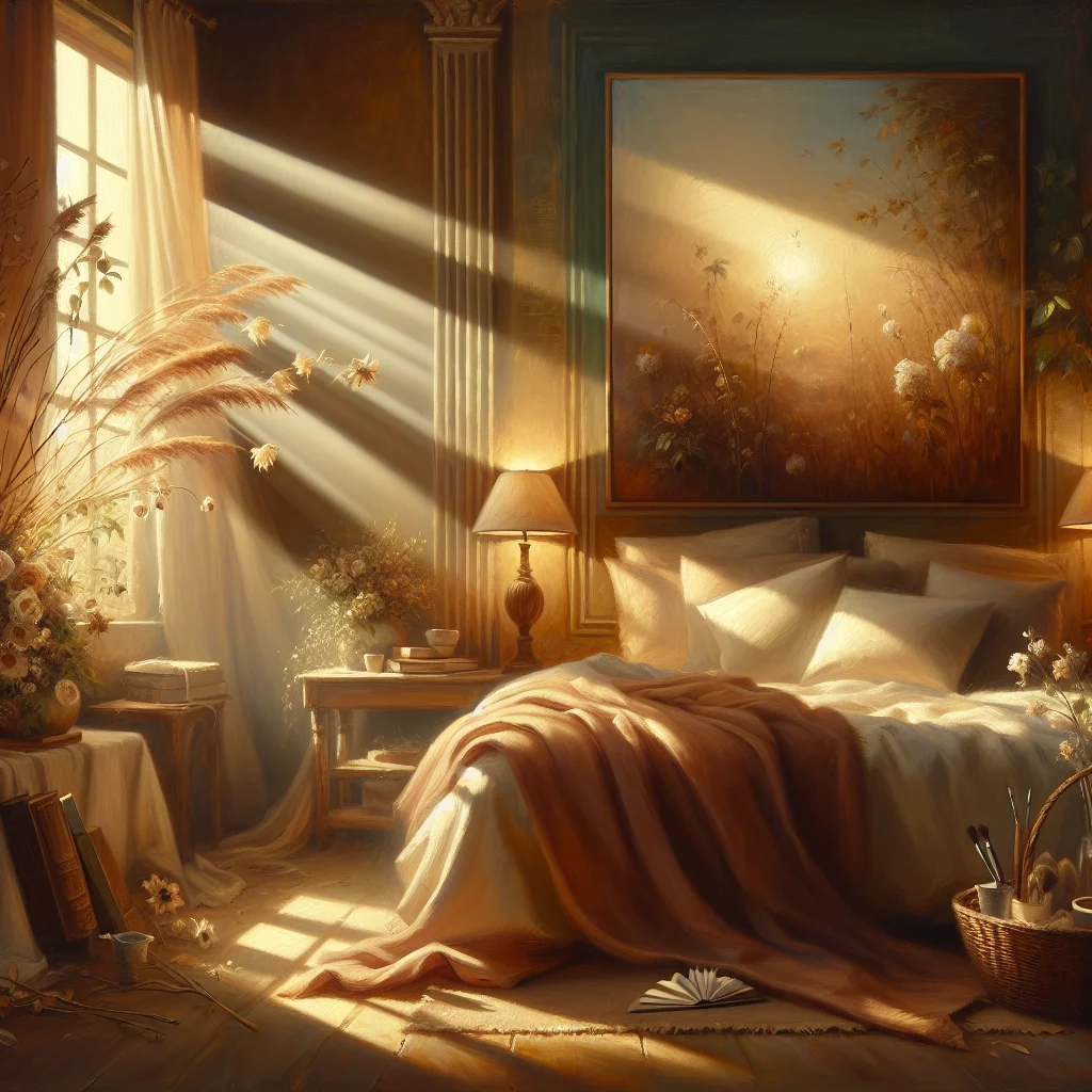 dim-lighting-bedroom-evening Cozy bedroom with warm dim lighting creating a peaceful evening atmosphere for better sleep