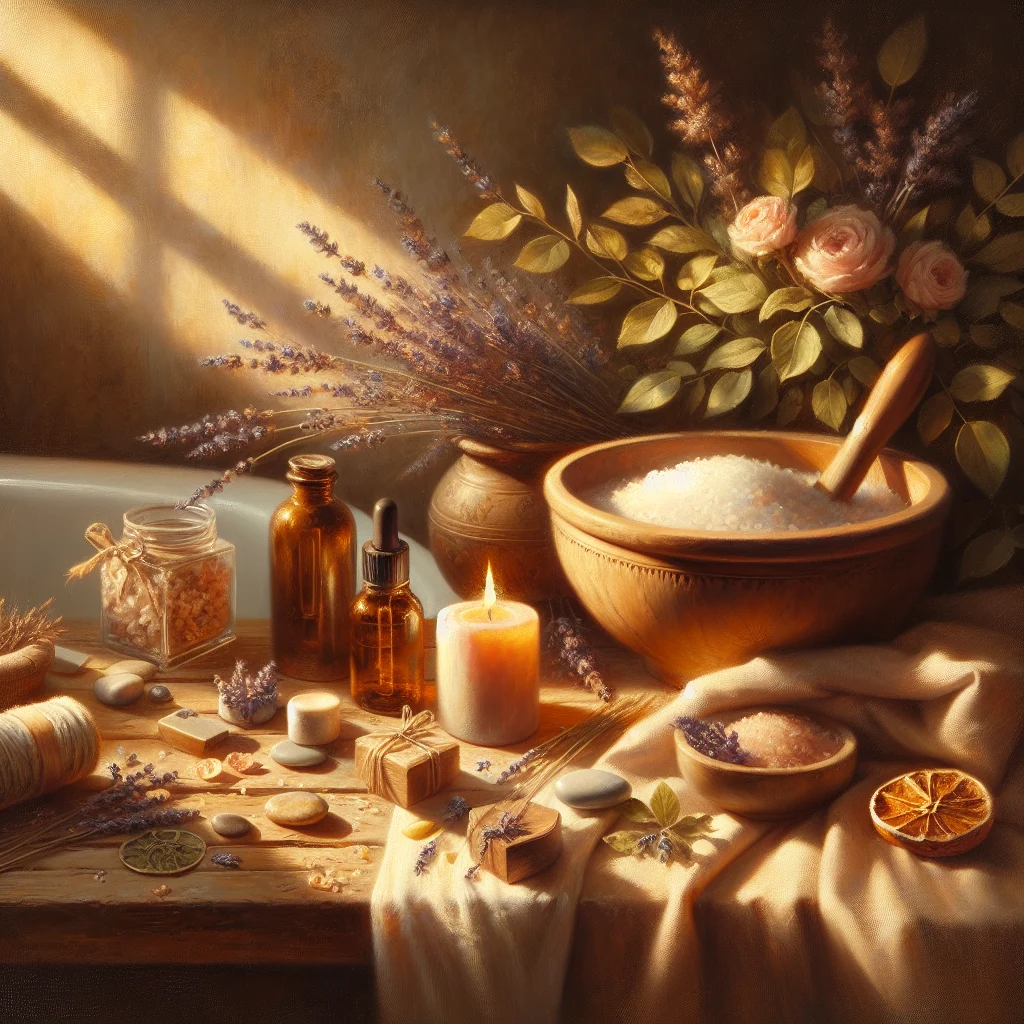 Natural bath essentials including Epsom salt and lavender for creating a cortisol-lowering warm bath