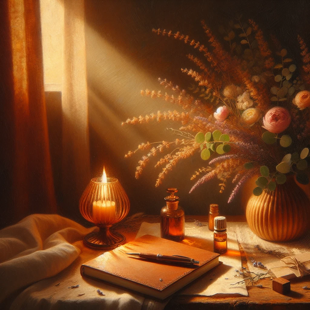 Peaceful evening bedtime routine setup showing journal, warm lighting, and calming sleep preparation environment