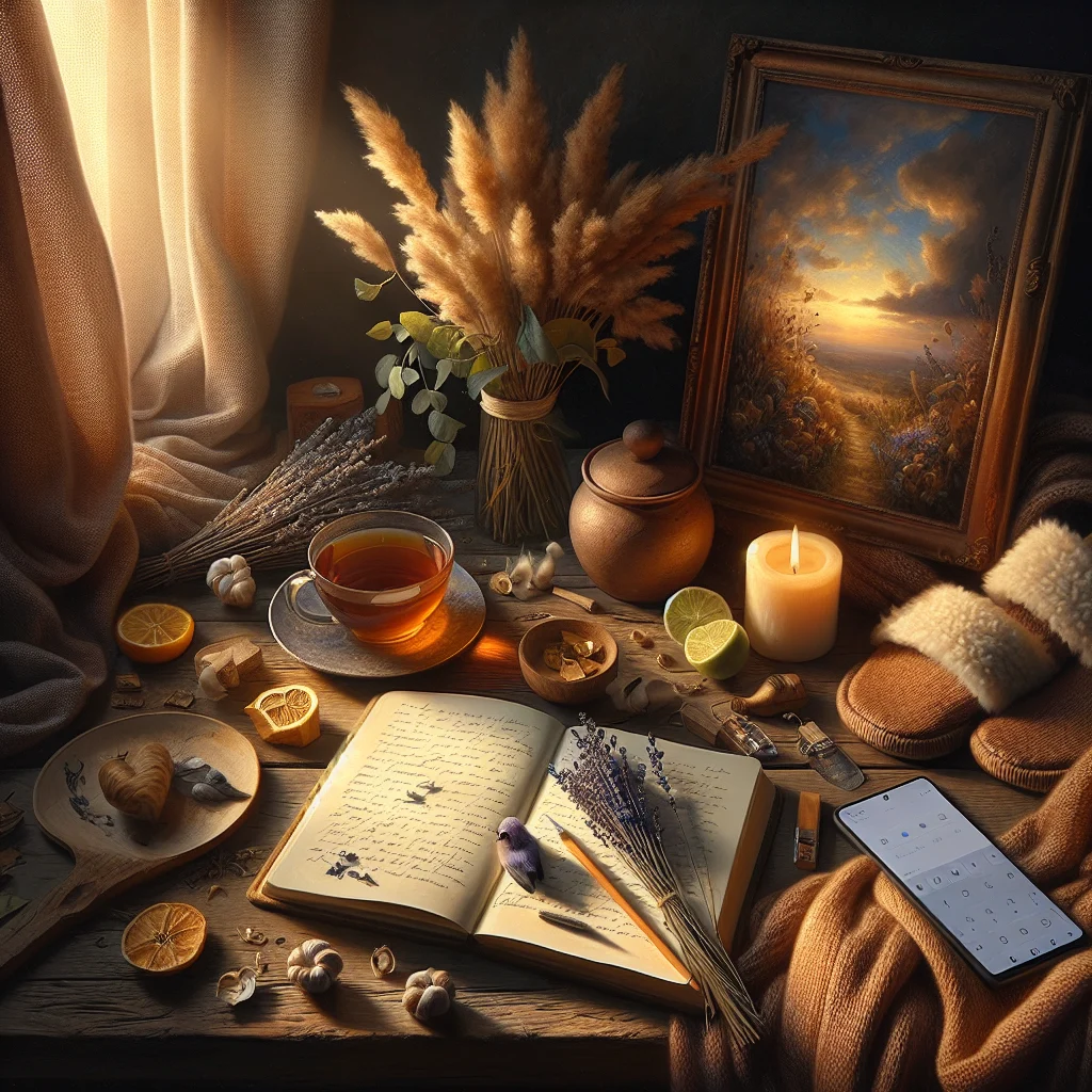 Evening routine checklist for stress with journal, herbal tea, and calming nighttime essentials