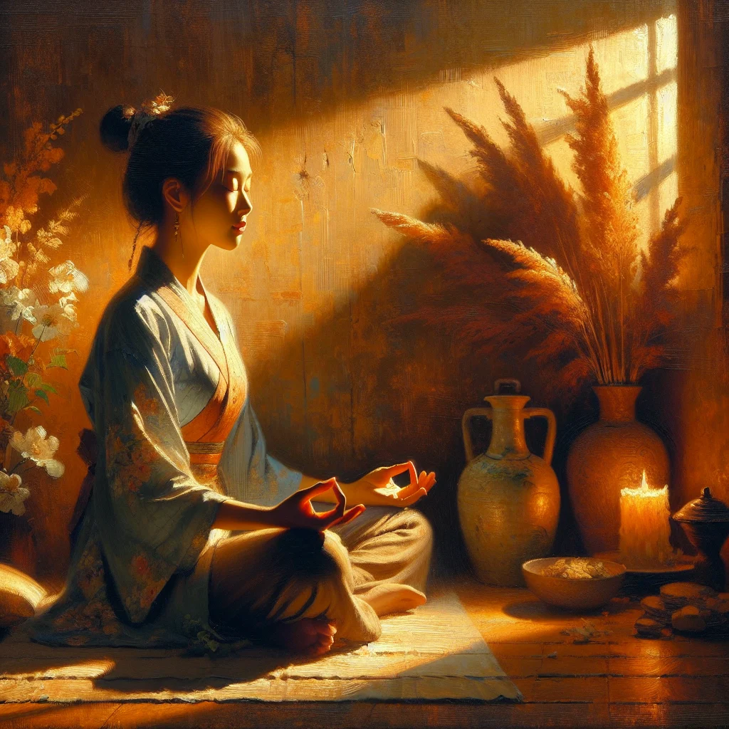 evening-meditation-practice-peaceful-setting Serene evening meditation practice in a cozy home setting for deep relaxation