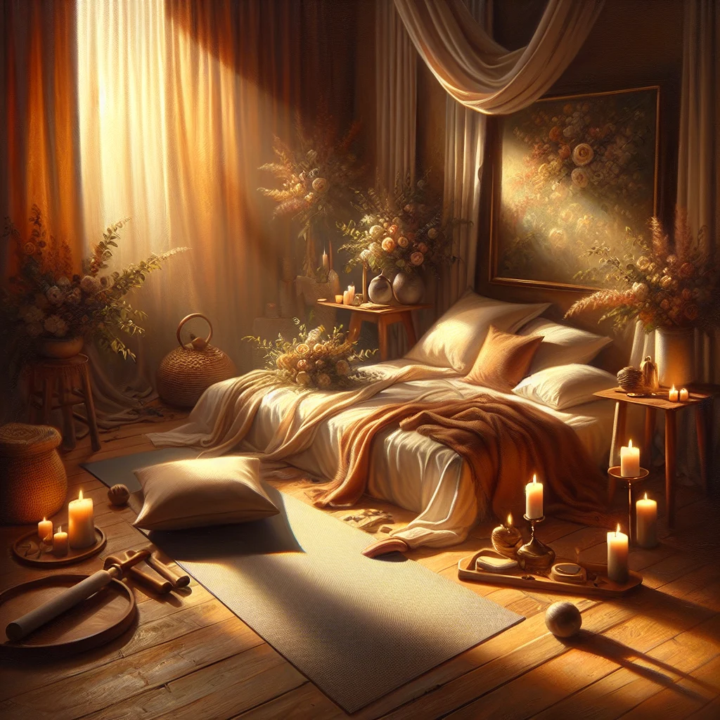 Peaceful evening atmosphere with yoga mat and props set up for gentle stress-relieving stretches