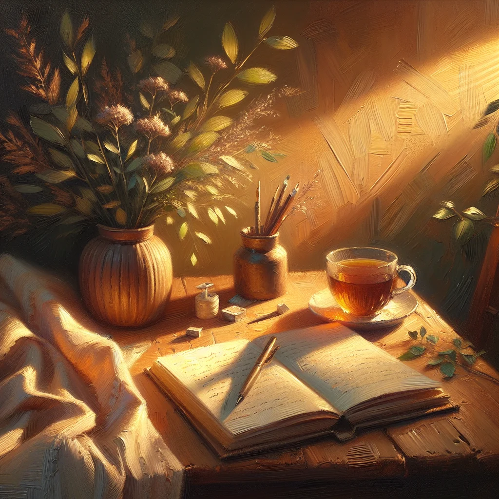 evening-tea-ritual-self-care Peaceful evening self-care scene with herbal tea and journal for phone-free relaxation