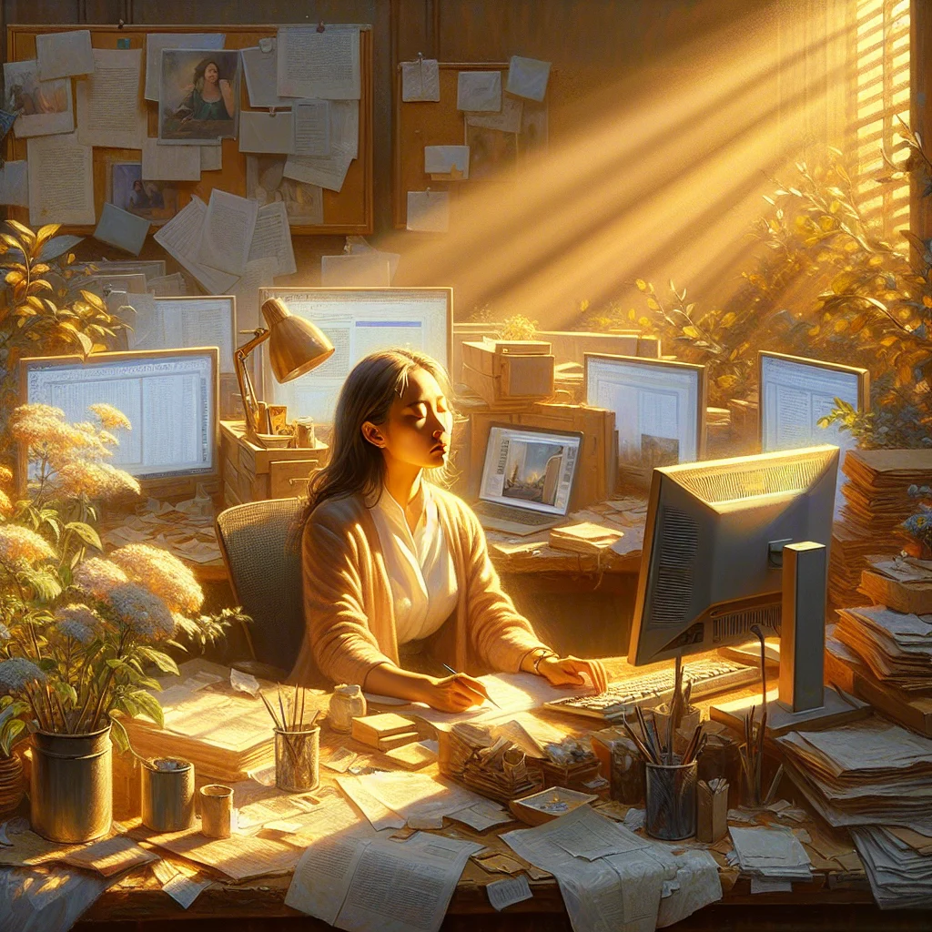 Business leader experiencing decision fatigue while working at desk surrounded by documents and multiple screens