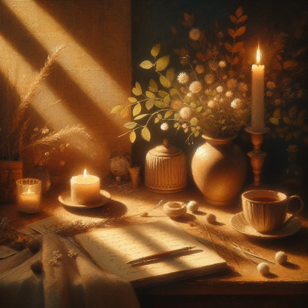 Evening gratitude list journal resting on a bedside table with a pen and warm lamp light