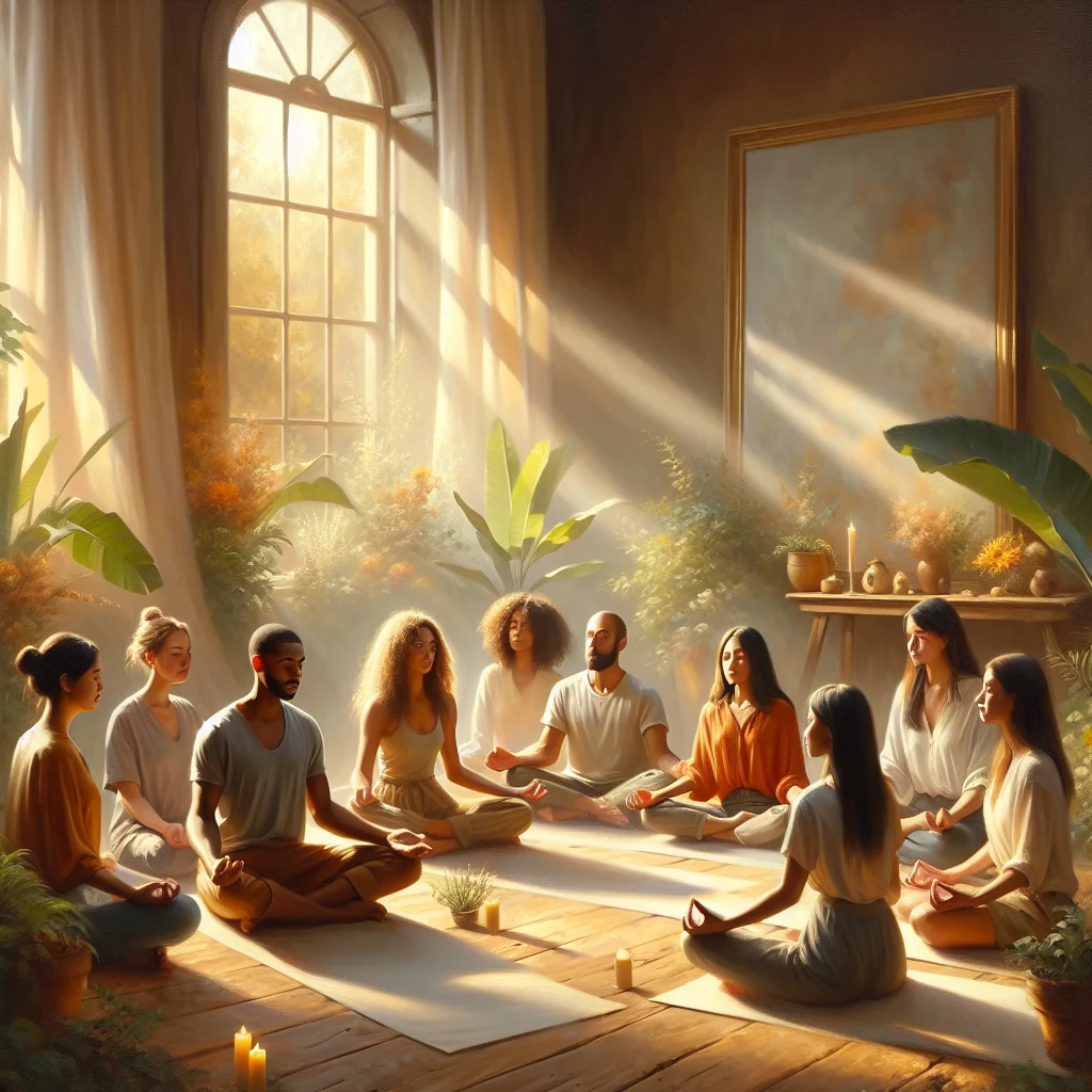 A diverse group of people sitting together in a meditation circle, showing community connection and wellness