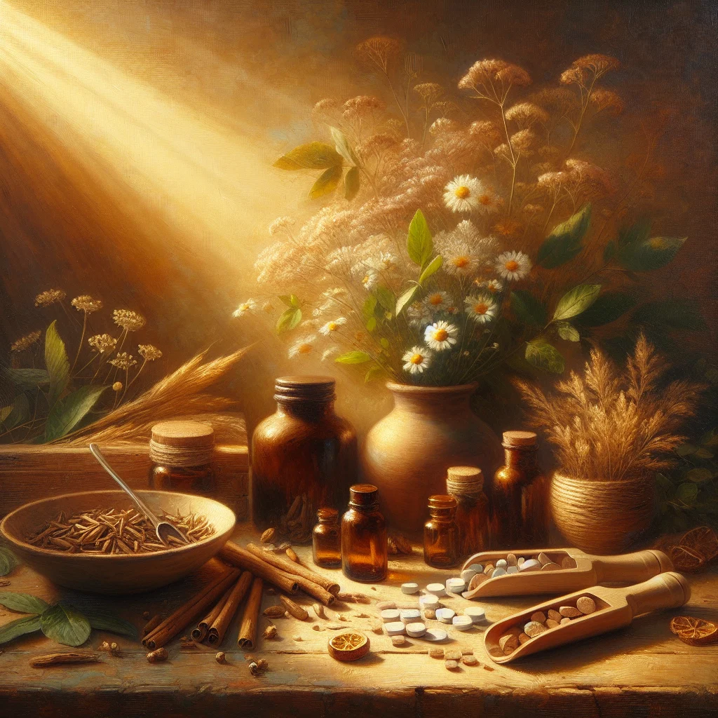Variety of herbal sleep supplement ingredients including valerian root, chamomile, and magnesium tablets arranged on a wooden surface
