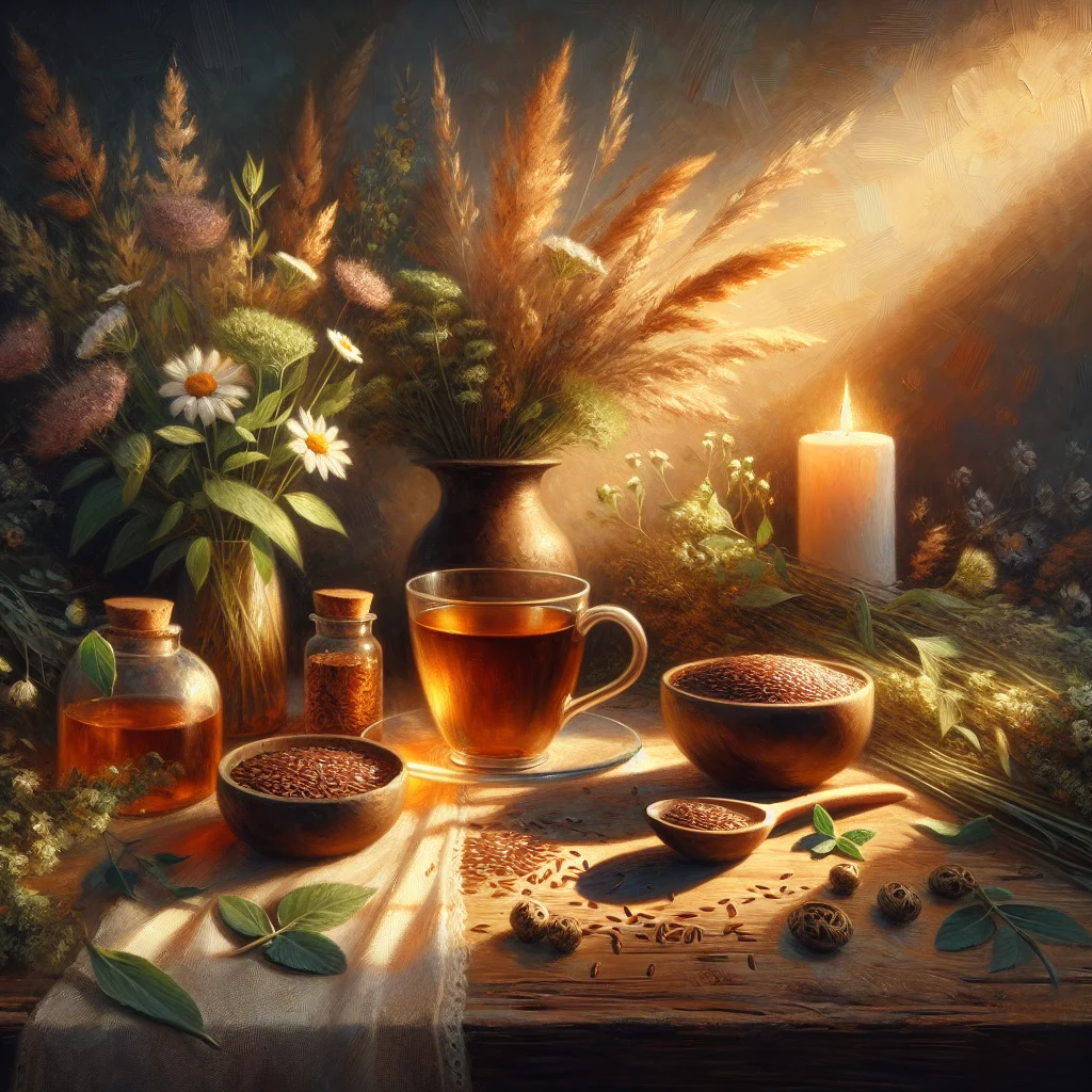 herbal-tea-and-natural-remedies Calming herbal tea surrounded by natural ingredients used to reduce hot flashes including herbs and plants