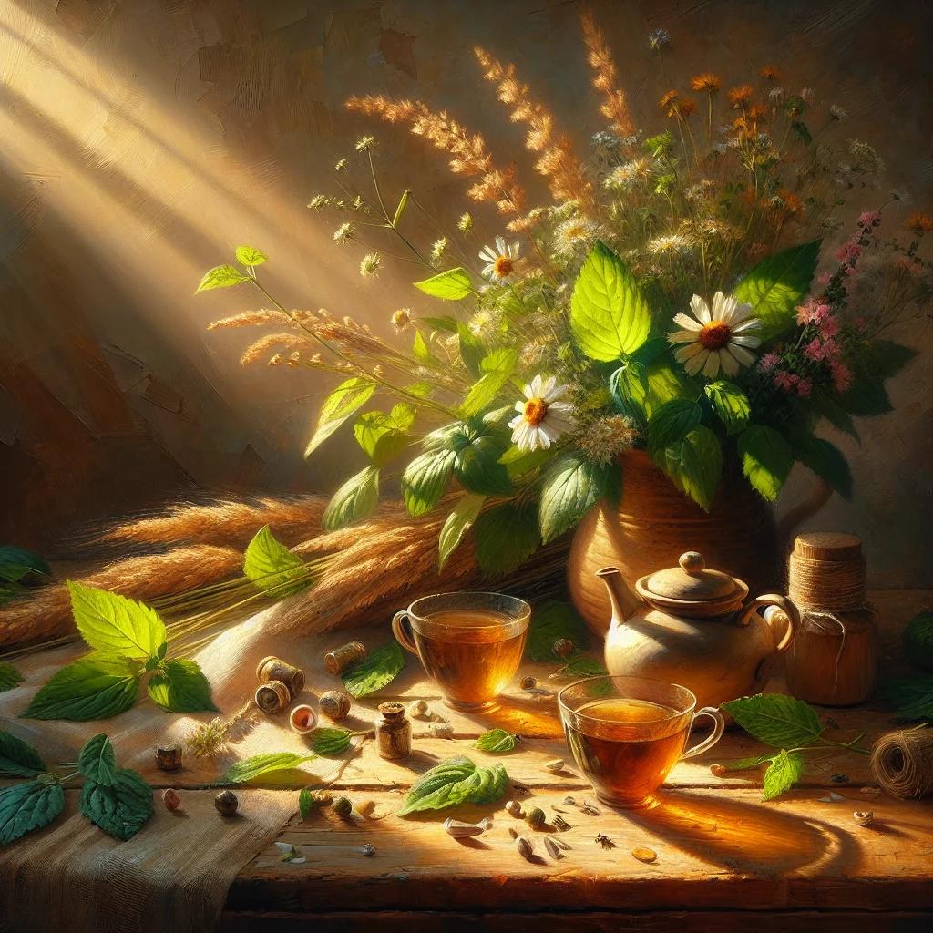 Various herbal teas for cortisol balance arranged with fresh herbs and flowers on a wooden table