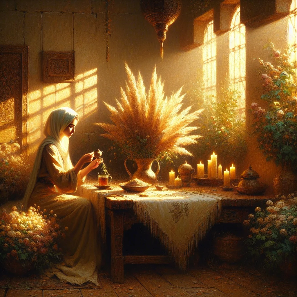 Woman holding a cup of herbal tea for menopause anxiety relief in a peaceful home setting