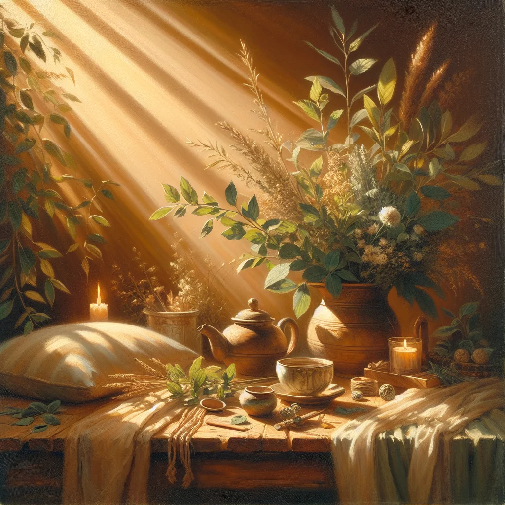 herbal-tea-ritual-setup-meditation-space Calming meditation space with herbal tea setup for hot flash relief ritual