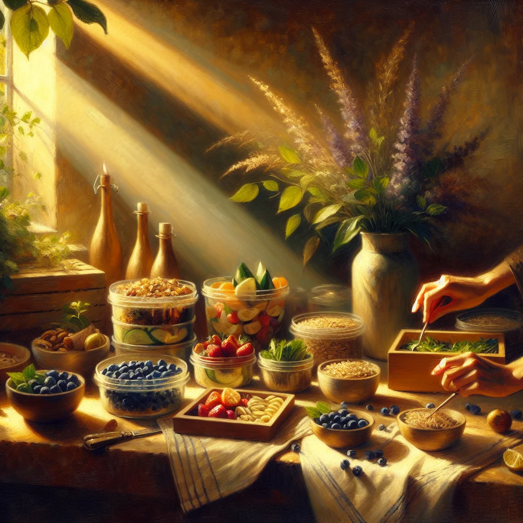 Meal preparation scene showing fiber-rich ingredients like oats, beans, vegetables, and whole grains being combined into healthy dishes