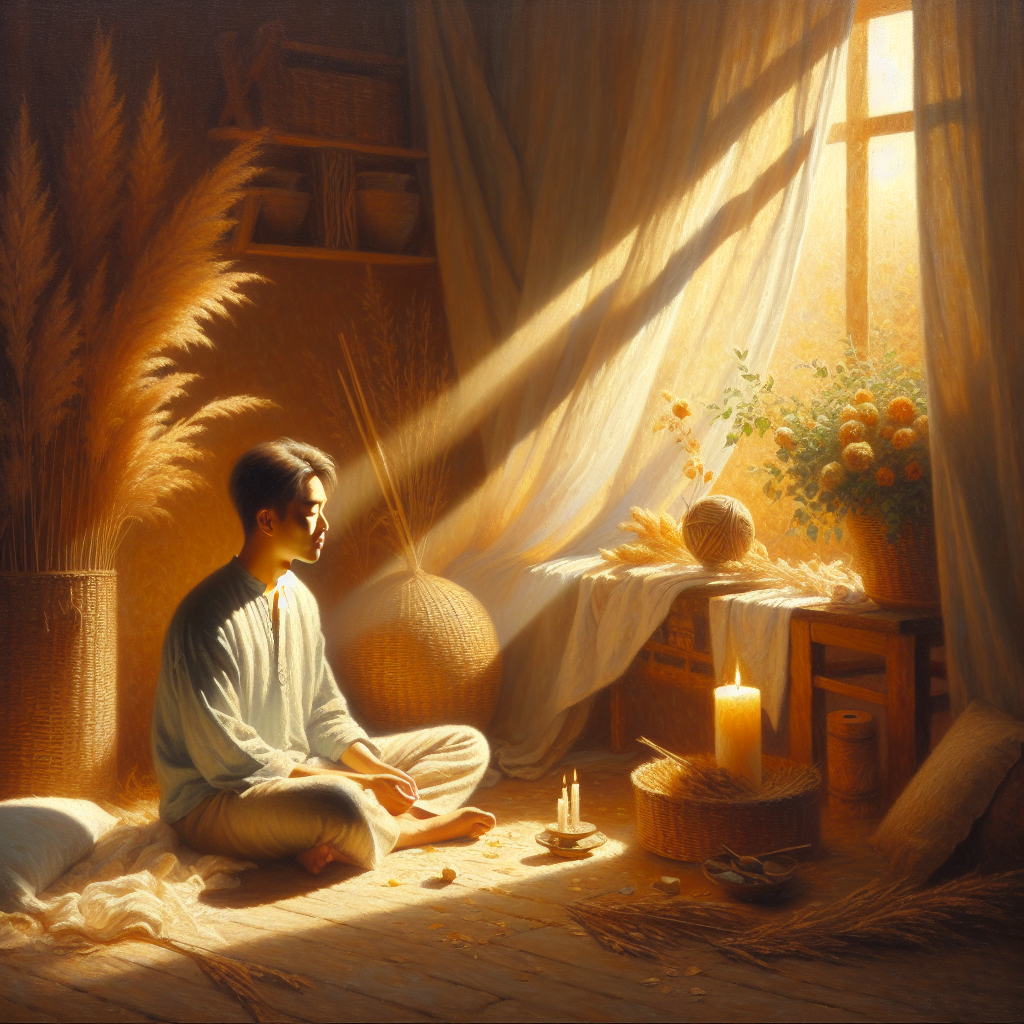 A highly sensitive person finding relief from HSP overstimulation in a peaceful, dimly lit room with soft textures