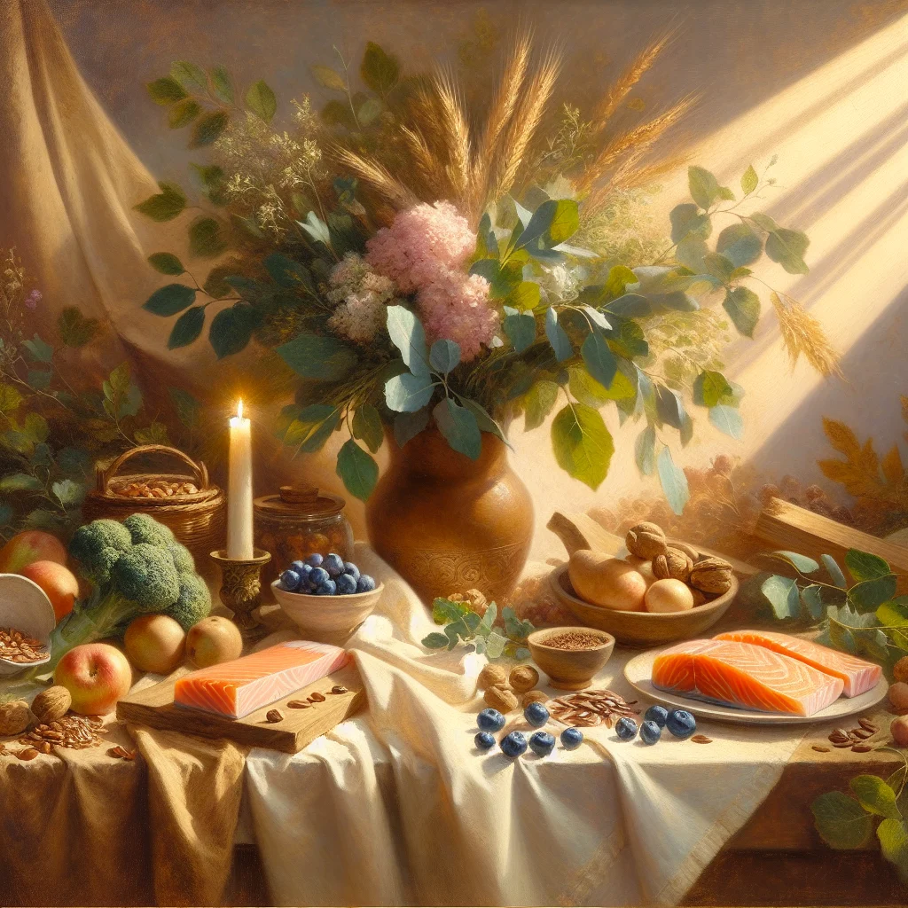 Colorful assortment of hormone-balancing foods including leafy greens, fatty fish, nuts, seeds, and fresh berries arranged on a wooden table