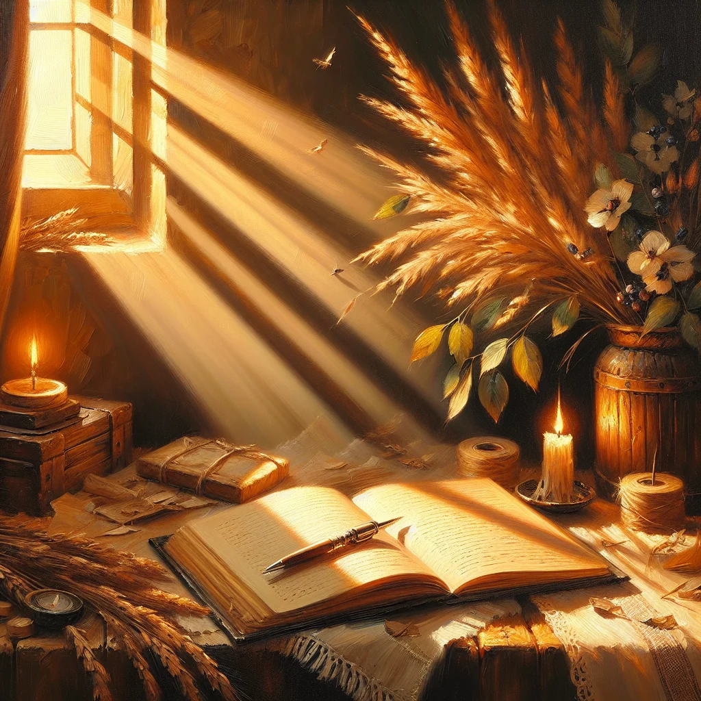 Open journal with pen resting on pages in a peaceful evening setting with soft lighting