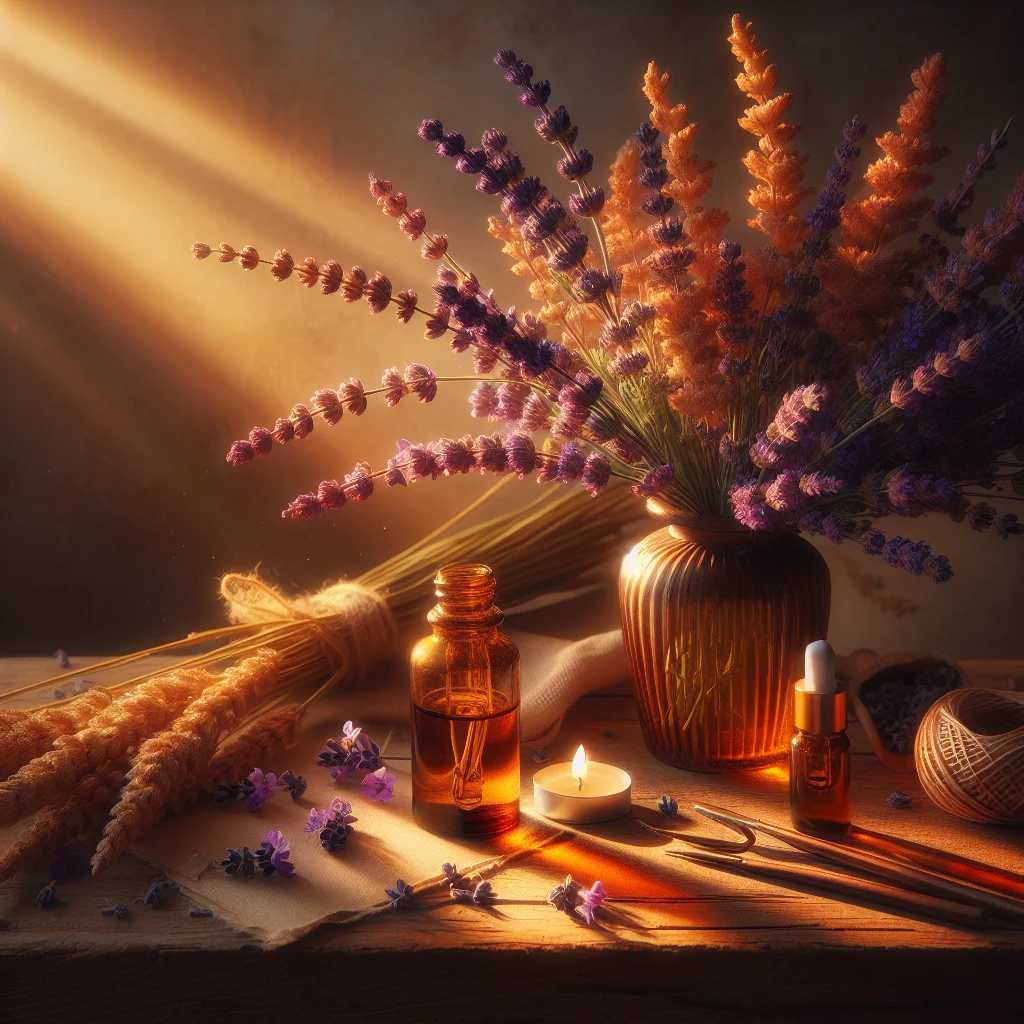 Fresh lavender flowers beside essential oil bottle showing the natural source of calming lavender scent