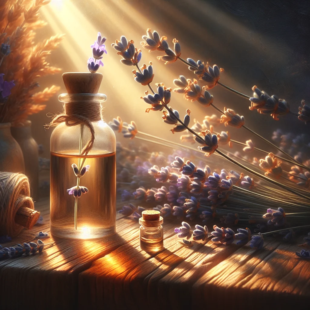 Lavender essential oil bottle with dried lavender sprigs arranged on a wooden surface for evening relaxation