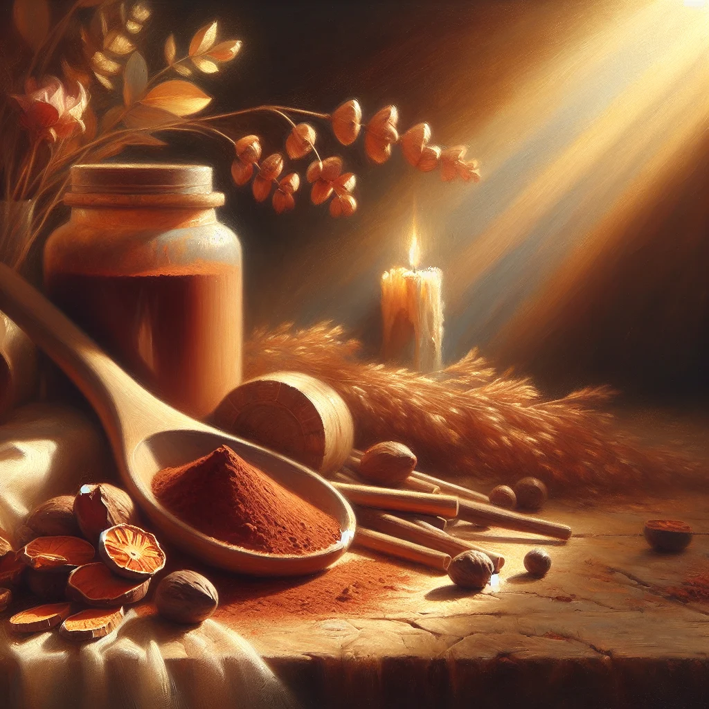 Organic maca root powder in wooden spoon on rustic background showing natural supplement for perimenopause energy support