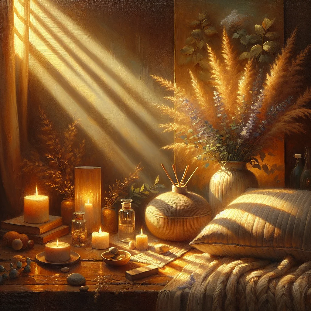 Peaceful meditation space with cushion in bedroom prepared for evening meditation practice for insomnia relief