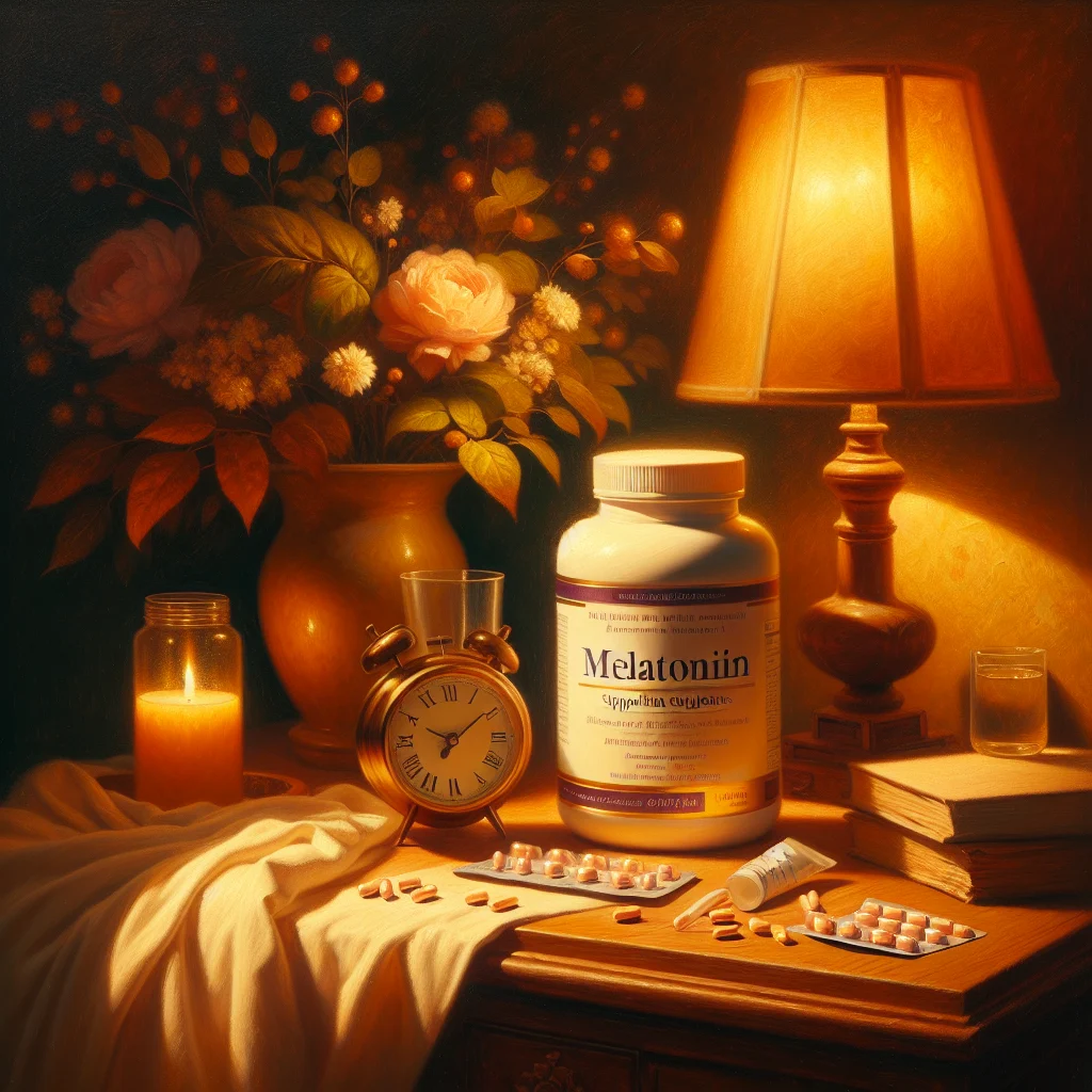 Over-the-counter melatonin supplement bottle with capsules arranged next to it on a bedside table