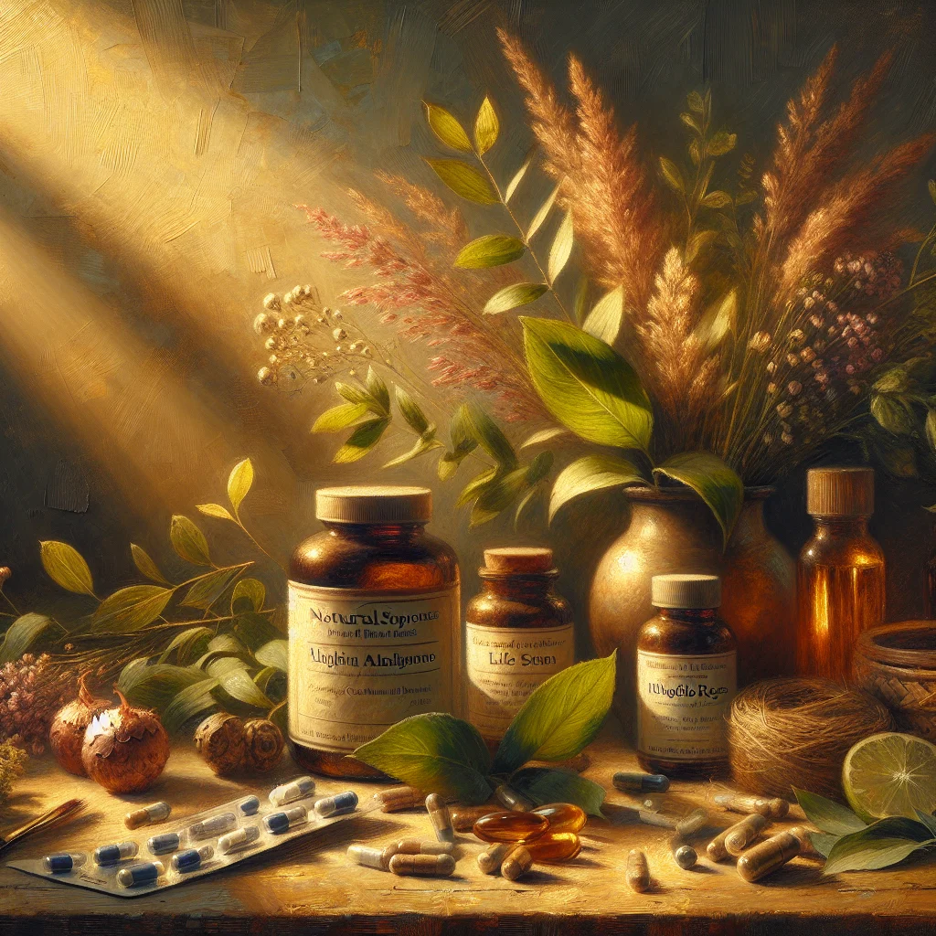 Natural supplements to reduce cortisol including ashwagandha, magnesium, and rhodiola arranged with calming herbs on a wooden surface