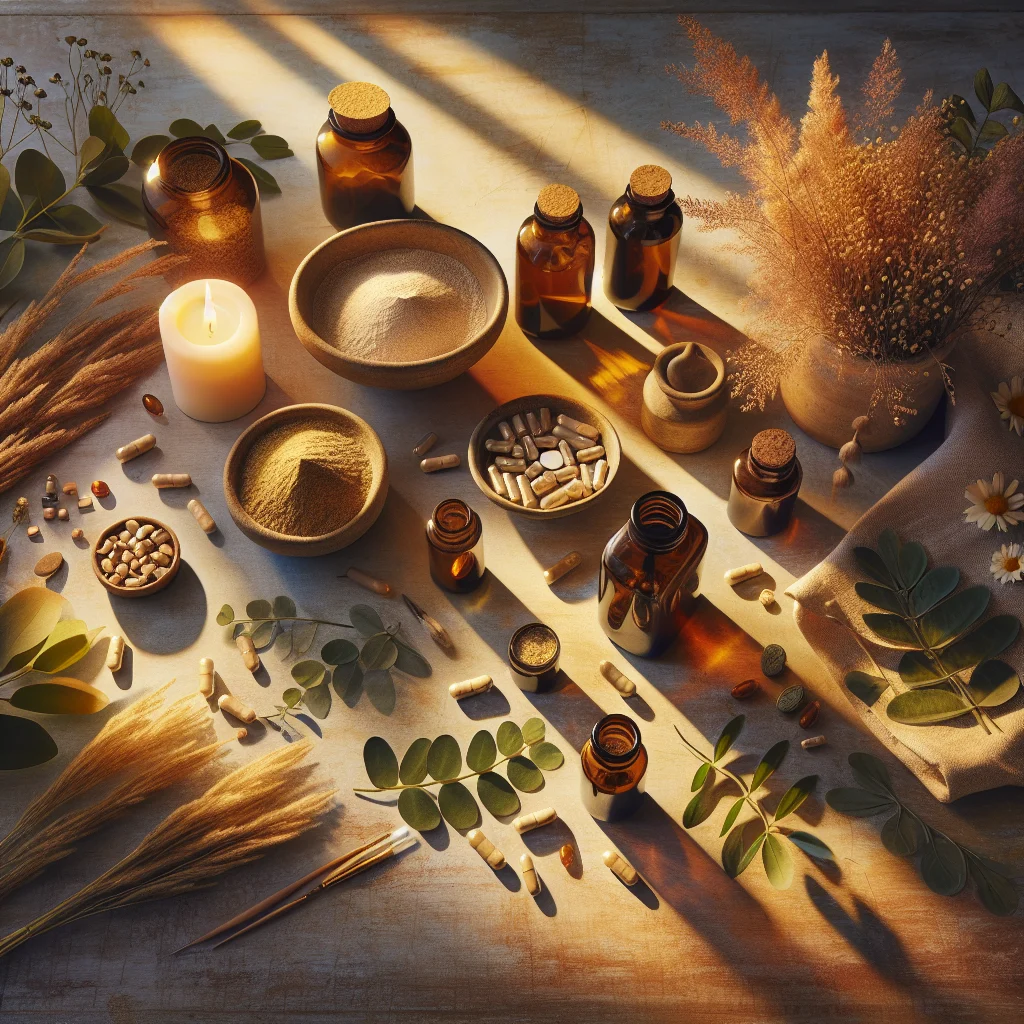 Arrangement of natural supplements including herbs, vitamins, and minerals specifically for managing menopause fatigue