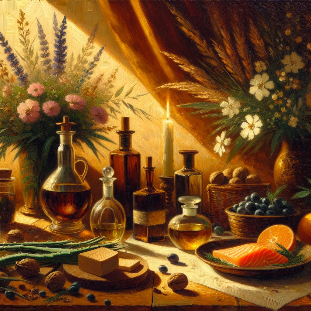 Collection of natural oils including coconut oil and vitamin E for treating vaginal dryness naturally