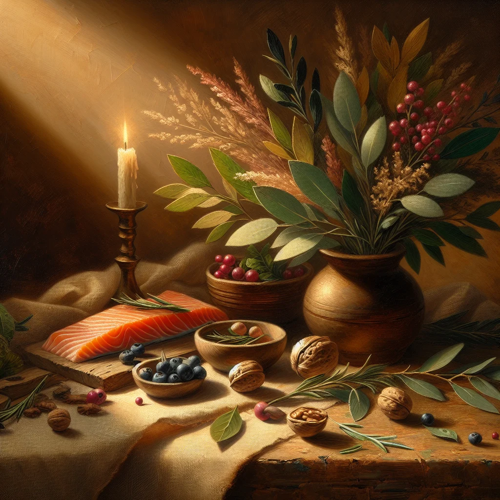 Arrangement of natural remedies including herbs, omega-3 rich foods, and calming tea for treating menopause brain fog