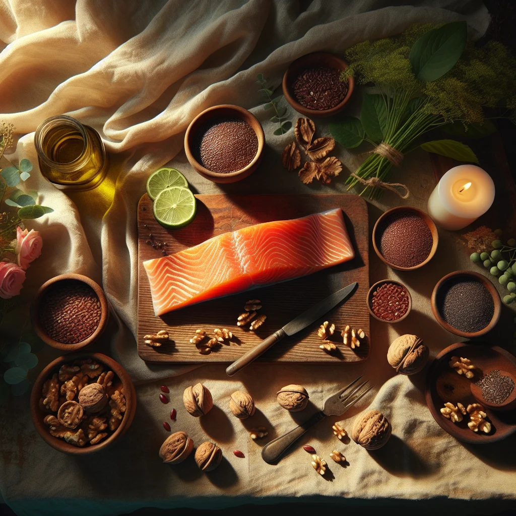 Fresh salmon fillet surrounded by walnuts, flaxseeds, and leafy greens showing omega-3 foods to reduce cortisol naturally