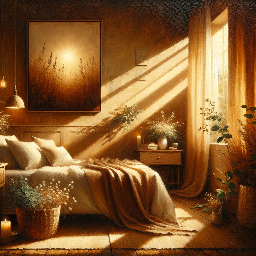 Calm and serene bedroom with soft lighting and minimalist decor promoting restful sleep