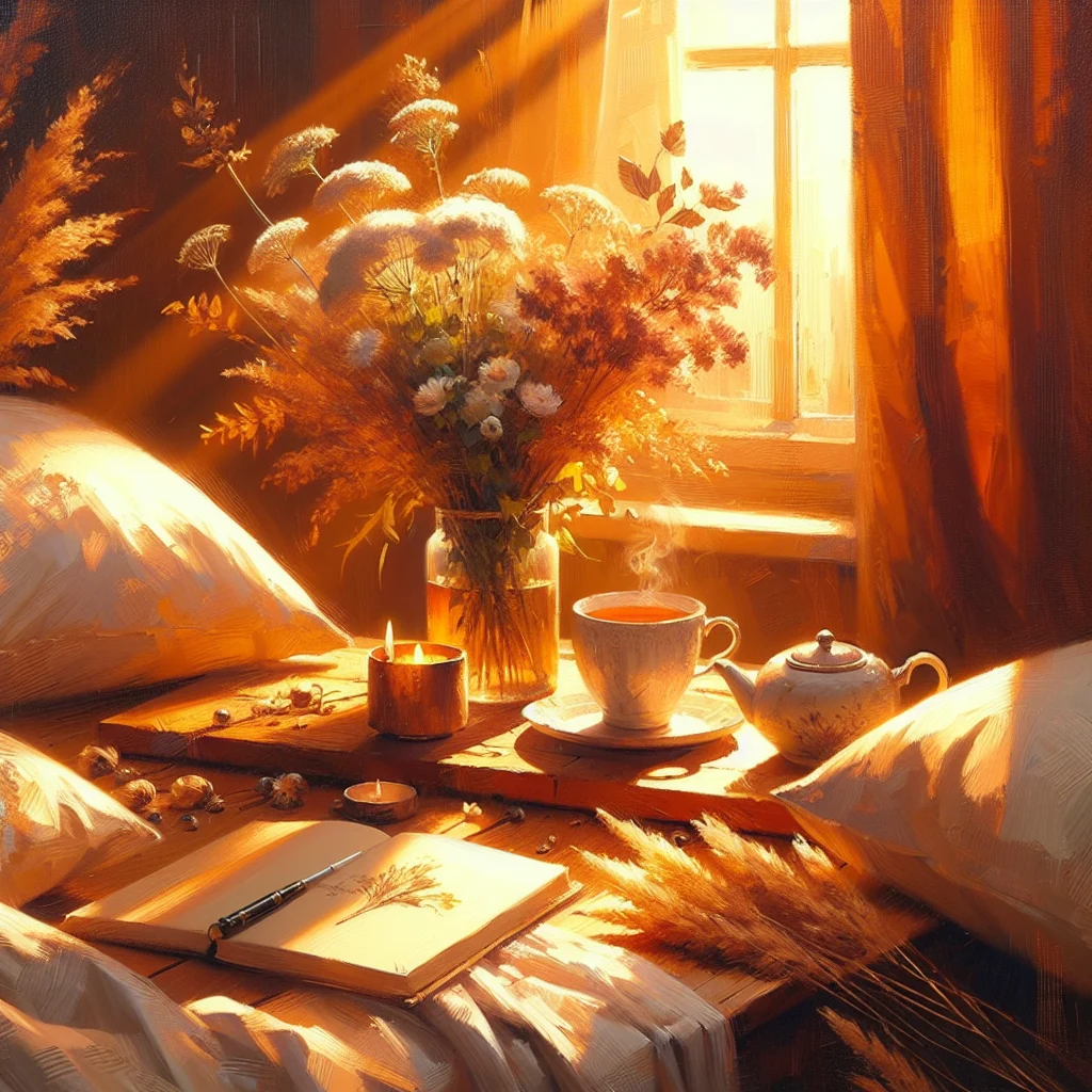 Serene bedroom setup in the evening with herbal tea, showing the peaceful benefits of no caffeine after 2pm