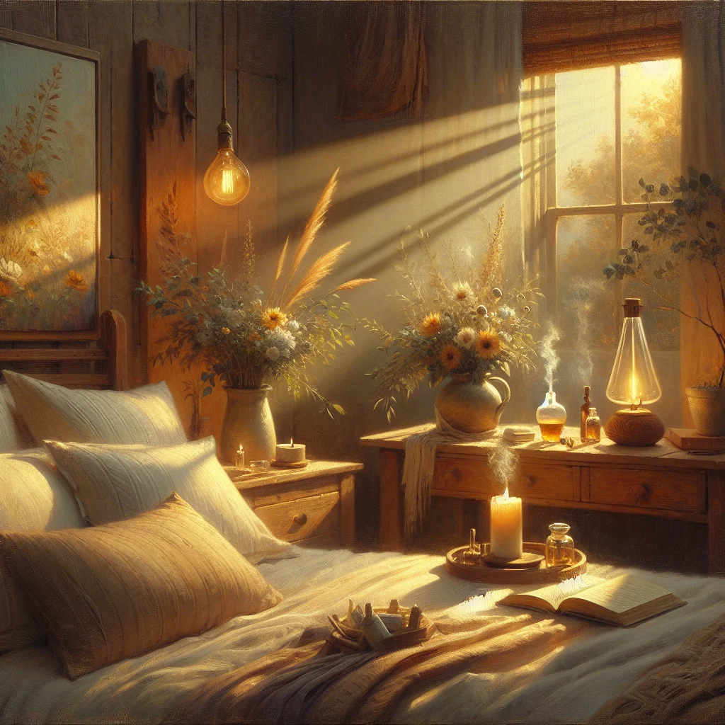 Serene bedroom setup for cozy evening self care routine with soft lighting and comfortable bedding
